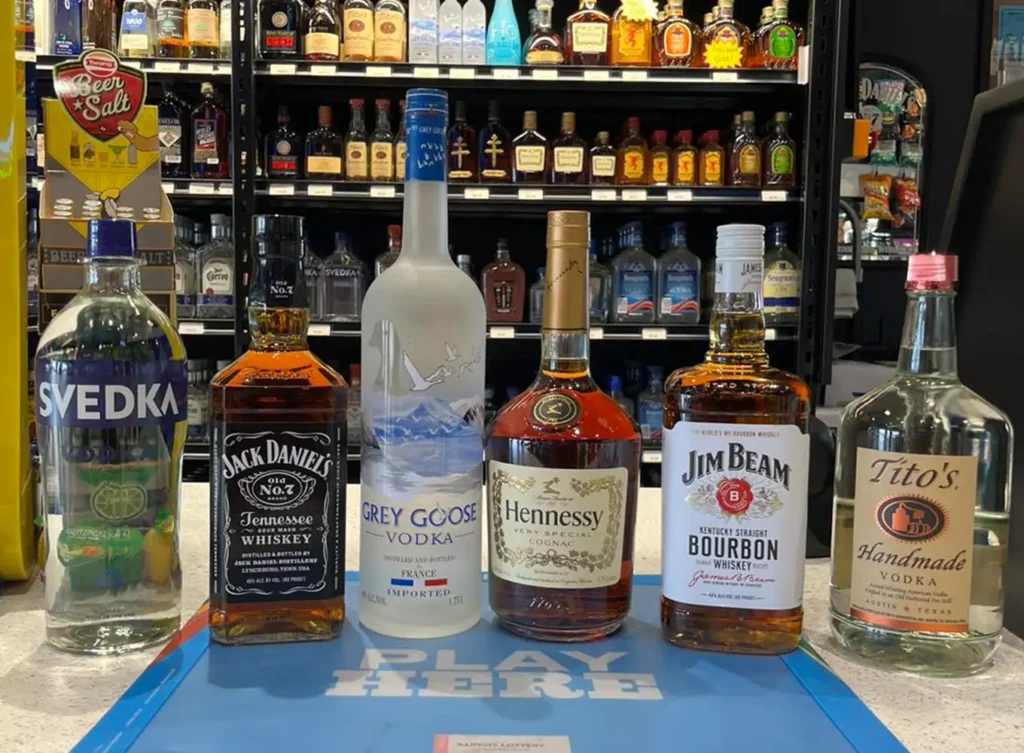 different types of liquor on a counter in decatur illinois