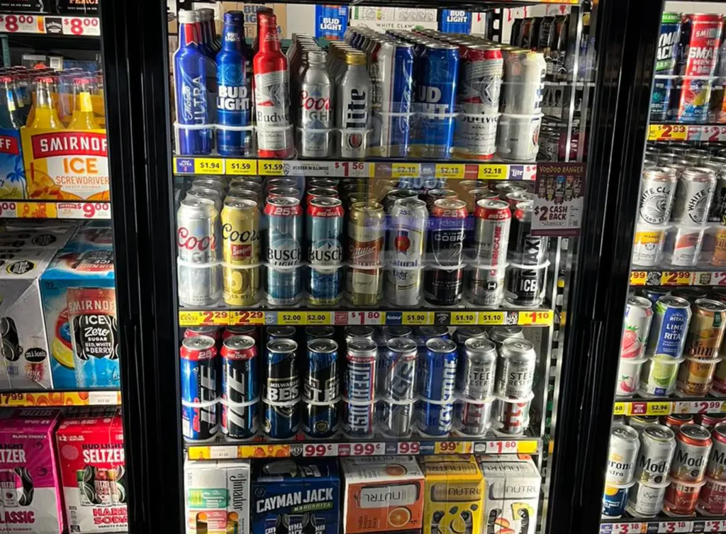 assortment of individual beers in alcoholic beverage shop near decatur illinois