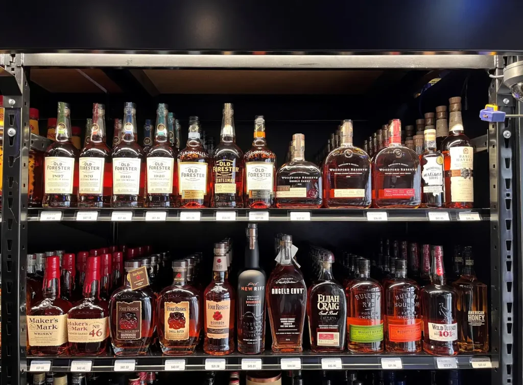 shelf of liquors at decatur illinois liquor shop