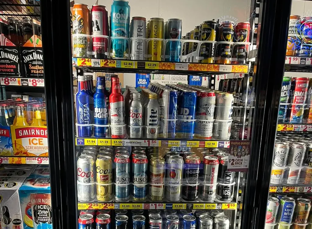 different types of Beer in beer cave at a liquor store in decatur illinois